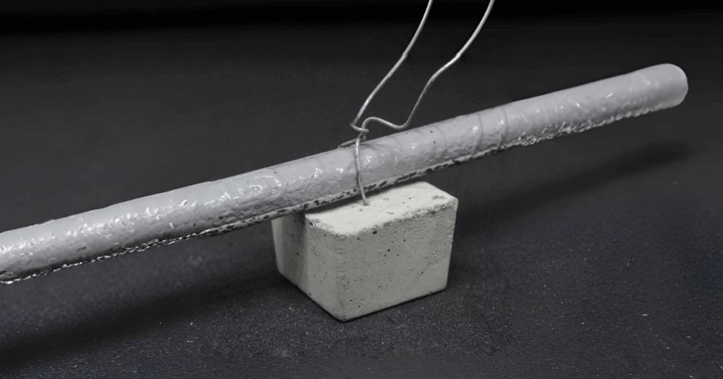 Concrete aspro spacer supporting epoxy-coated rebar with tie wire for reinforcement stability