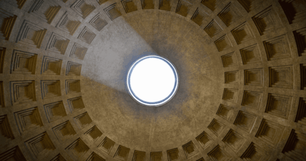 Interior dome of the Pantheon in Rome showcasing ancient concrete structures with a central oculus.