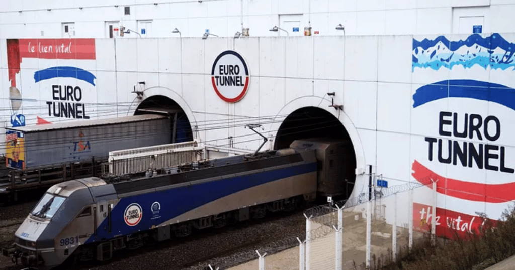 The Channel Tunnel entrance with signs for England and France.