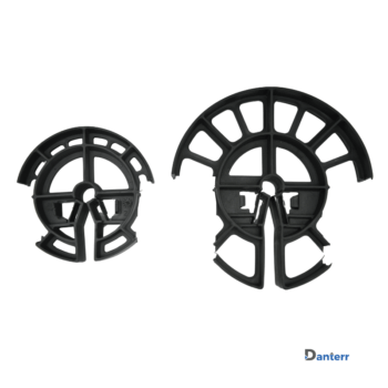 Closed helix pile cage wheels in different sizes used as spacer wheels for rebar in reinforced concrete pile applications.