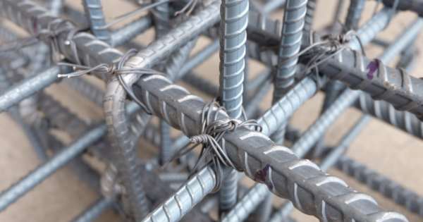 Close-up of steel rebar tied with Danterr tie wire for reinforcement stability.