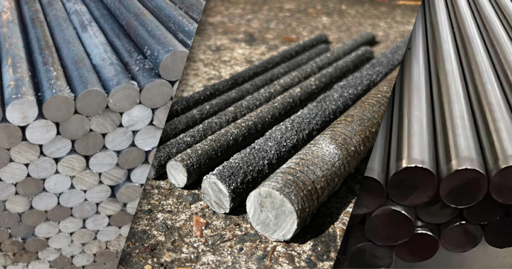 Stainless Steel Dowels, GFRP Dowels, Galvanised Dowels side by side