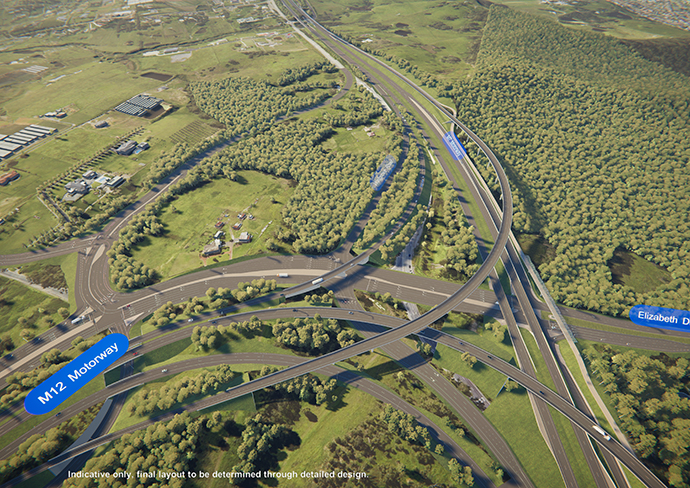 Aerial view of the ongoing M12 Motorway construction project in Western Sydney, showcasing the development of a new dual carriageway designed to enhance connectivity and support economic growth.