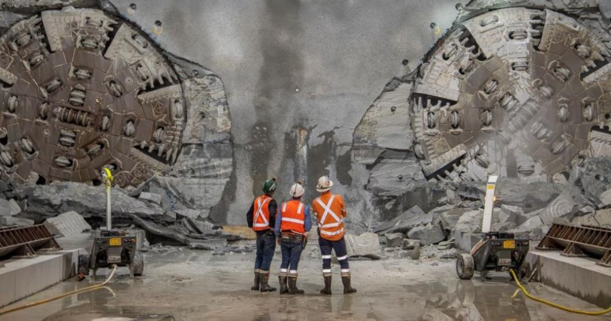 Two tunnel boring machines breaking through simultaneously at Five Dock Station on the Sydney Metro West project