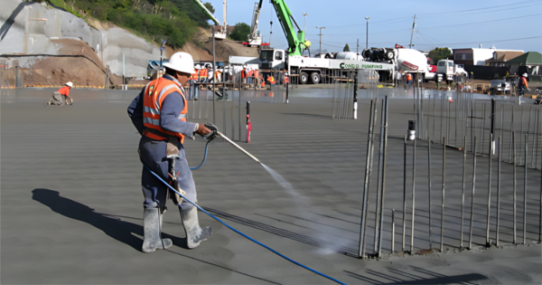 Worker curing concrete on a construction site in cold weather