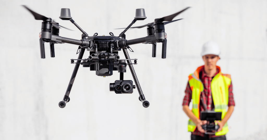 Construction drones surveying a construction site