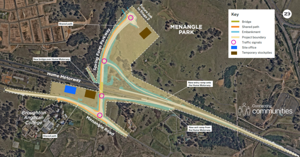 Map view of the Spring Farm Parkway Stage 1 construction site showing the layout of new roads, ramps, and traffic signals connecting Menangle Road to the Hume Motorway in Menangle Park.