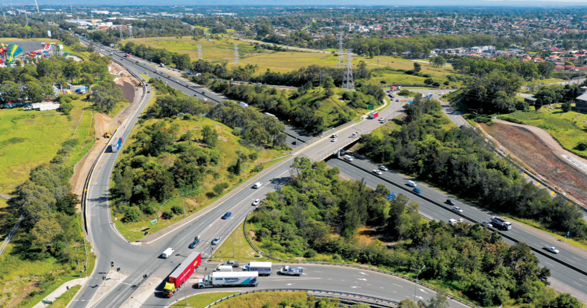 Aerial view of the Prospect Highway and M4 Motorway interchange looking northwest.