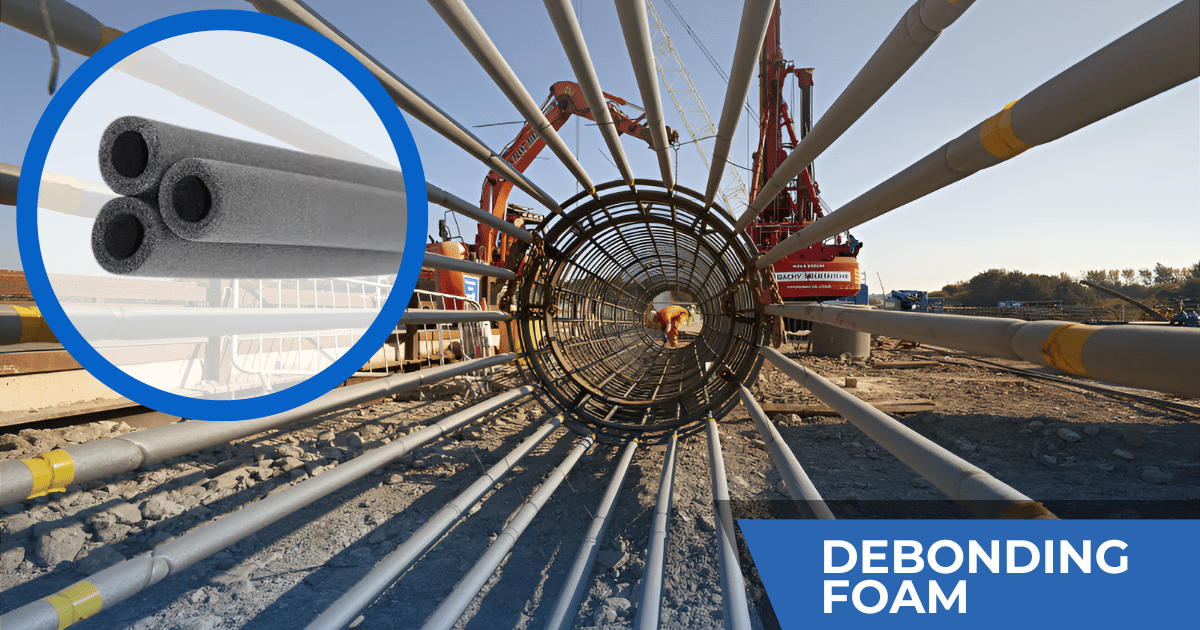Construction site with rebar encased in Debonding Foam for structural reinforcement.