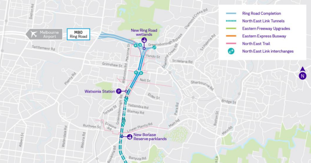 Map showing the North East Link road tunnel and upgrades around Melbourne’s M80 Ring Road