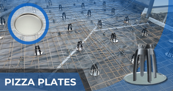 Pizza Plates used for stabilising bar chairs and wire chairs in concrete reinforcement during a construction project.