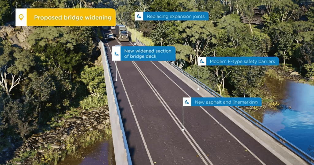 Proposed bridge widening plan showing key construction elements, including safety barriers, expansion joints, and new asphalt.