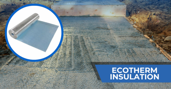 Concrete curing site with Ecotherm Insulation blanket on top of poured Concrete.