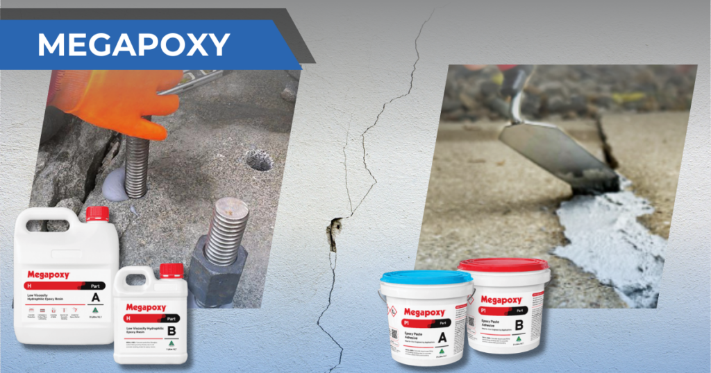 Megapoxy H and P1 epoxy resin products shown alongside images of application processes for structural bonding and concrete repair.