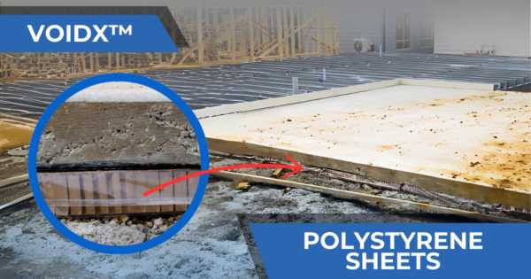 VoidX™ polystyrene sheet application in a concrete slab construction site, illustrating the effectiveness of VoidX™ in forming voids and reducing structural load.