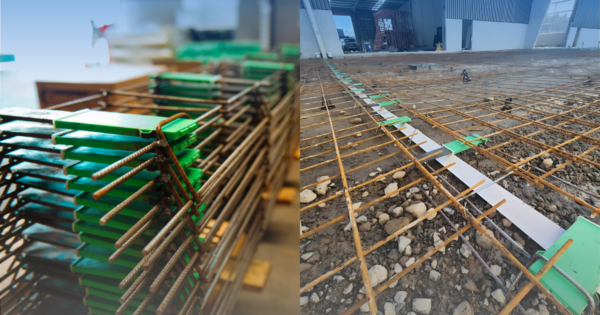 Close-up of stacked dowel cradles and an installation site with dowel cradles aligned in a concrete slab framework.