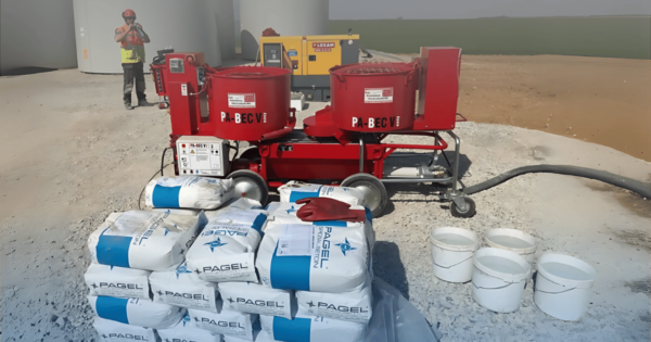 A construction site showing Pagel Grout bags and a grout mixer in action, ready for application in a structural project.