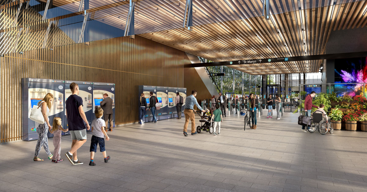 A conceptual rendering of the future St Marys station, showcasing a modern, accessible, and eco-friendly design as part of the Sydney Metro project.