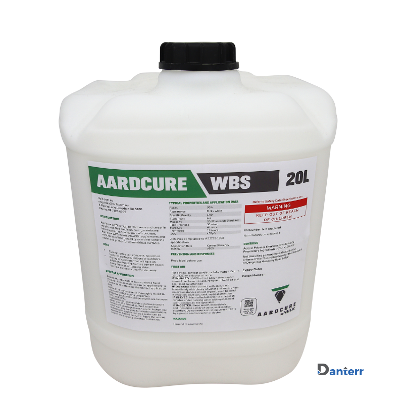 Aardcure WBS clear acrylic curing compound in 20L white container