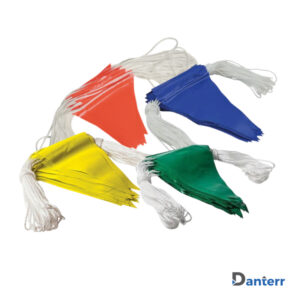 Durable PVC Bunting Flags in orange, blue, green, and yellow for marking restricted areas and improving safety on worksites.