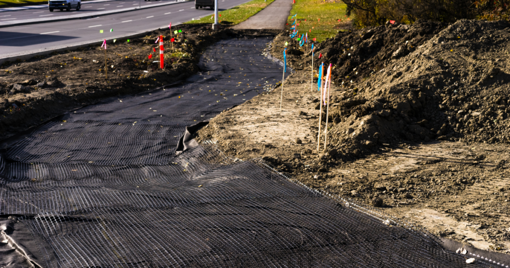 A construction site with geotextile fabric and grid reinforcement laid for pathway stabilisation and erosion control.