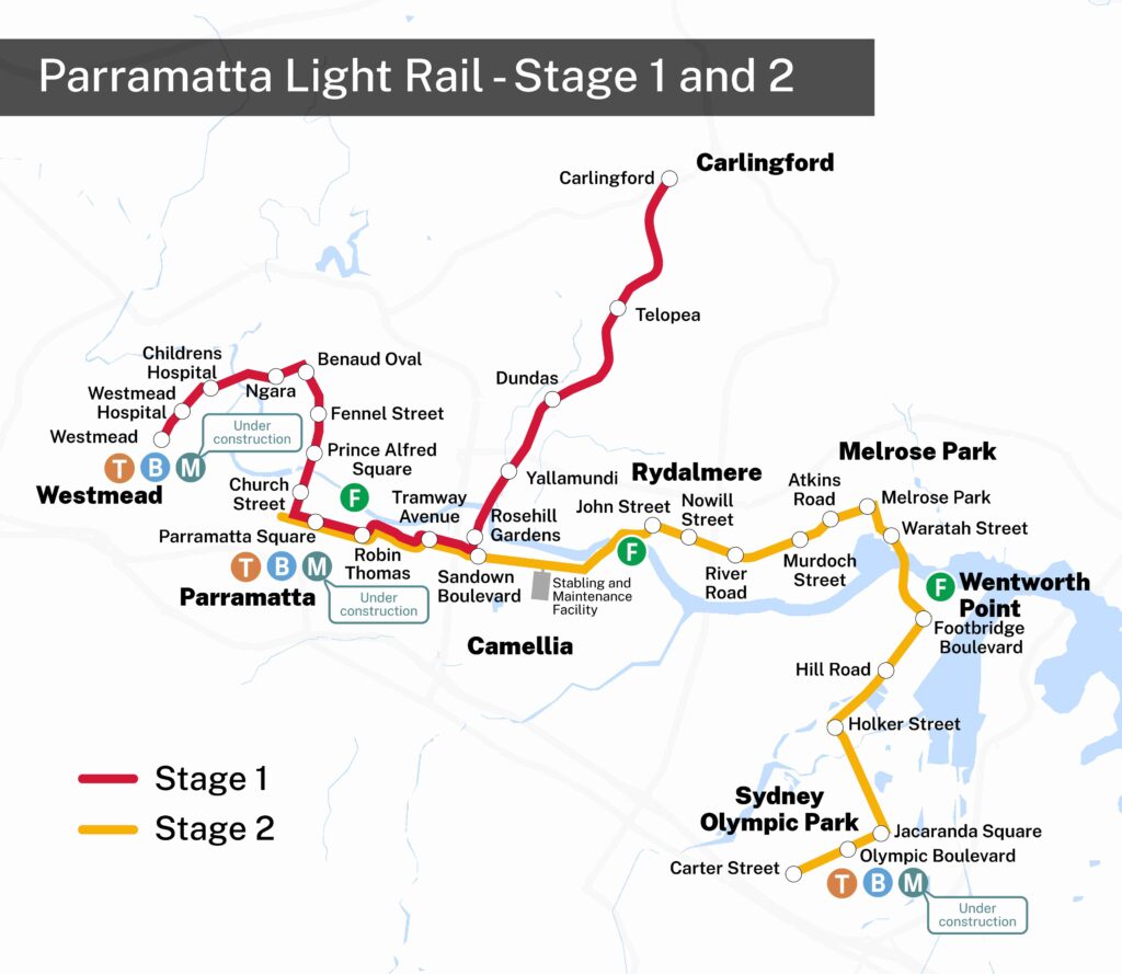 Map showing Parramatta Light Rail Stage 1 and Stage 2 routes connecting Westmead, Parramatta, Carlingford, Rydalmere, and Wentworth Point