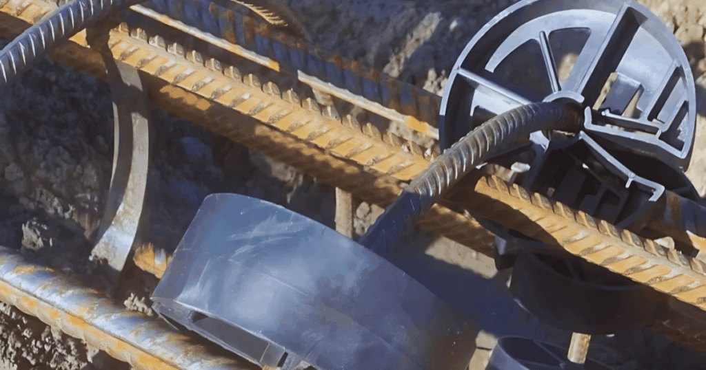 Close-up of Danterr pile cage spacers securing rebar reinforcement for precise concrete cover in piling construction.