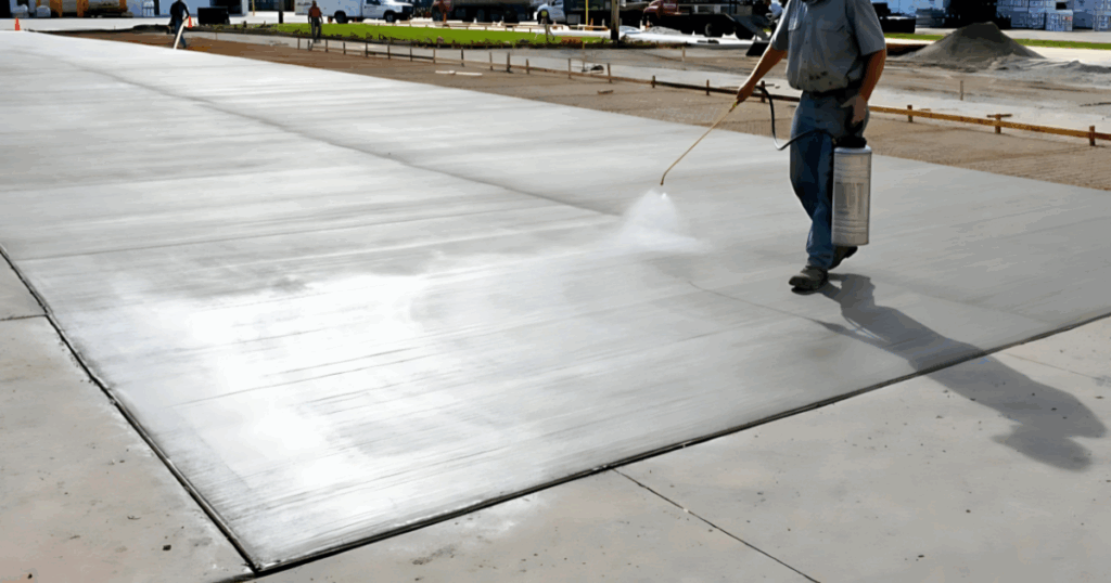 Worker applying water-based curing compound to freshly poured concrete slab