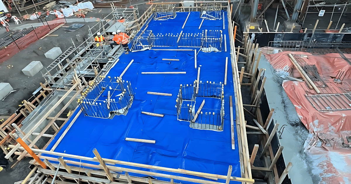 Danterr concrete curing blanket covering a suspended slab on an Australian construction site