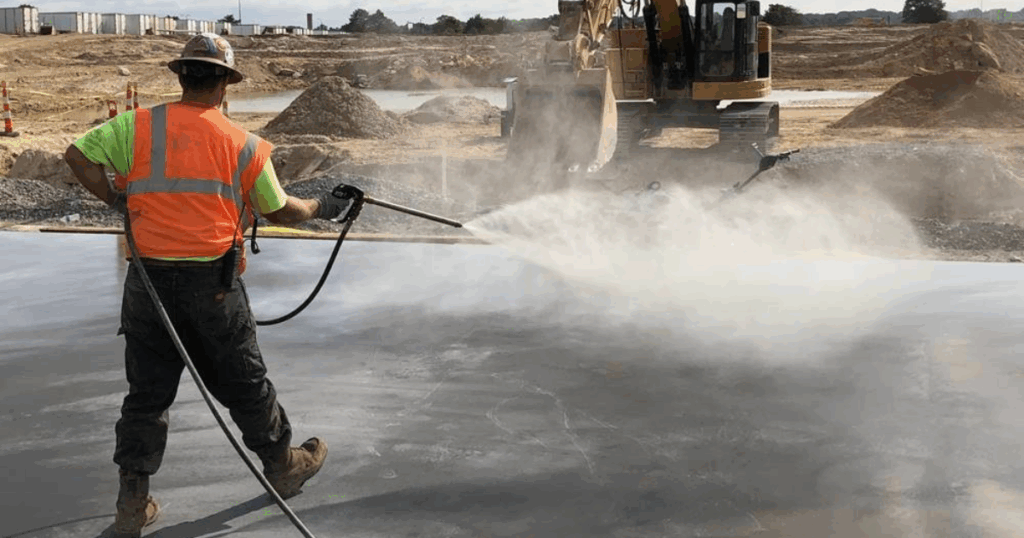Worker applying concrete curing compound on a fresh slab at an Australian construction site