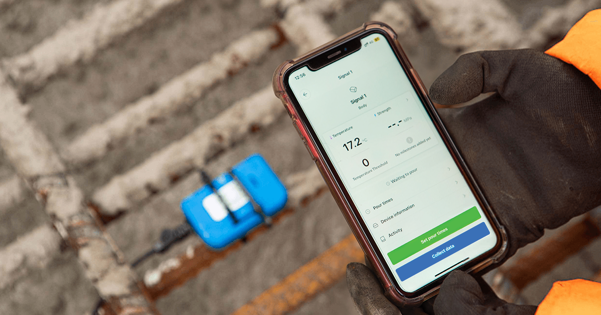 ConcreteDNA app displaying concrete strength prediction in real time with Converge sensors