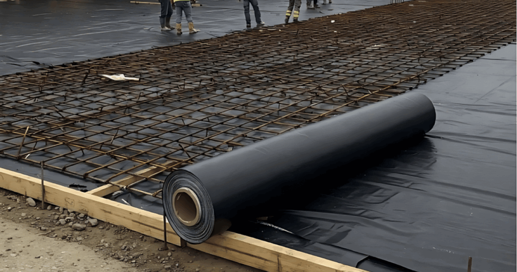 Roll of builders plastic installed beneath reinforcing mesh during concrete casting, providing a polythene membrane for moisture control and concrete curing.