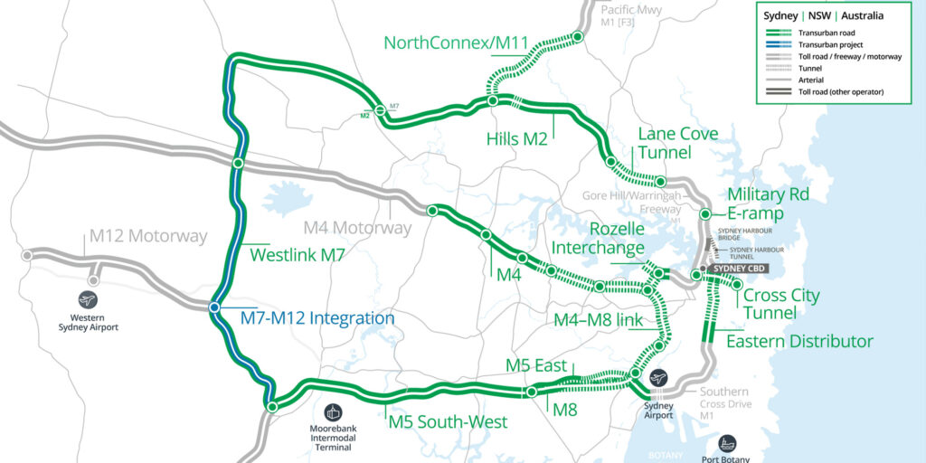 M7-M12 Interchange project map showing the M7-M12 interchange and motorway links across Western Sydney.