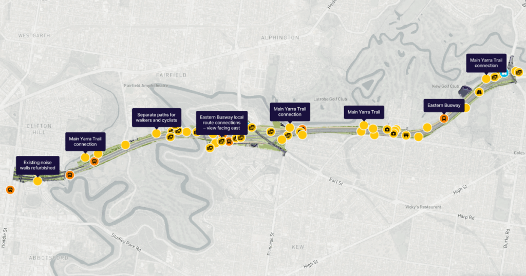Map showing active-transport connections and trail upgrades delivered as part of the eastern freeway upgrade, including walking, cycling and Eastern Busway links across Melbourne’s east.