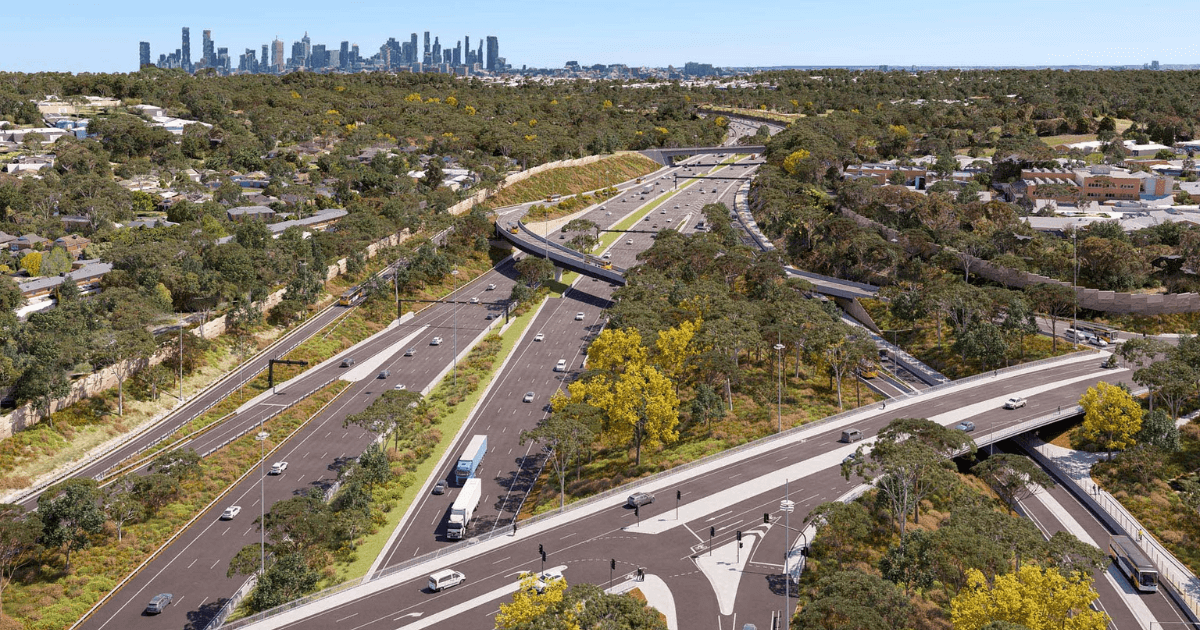A rendered view of the eastern freeway upgrade showing new lanes, upgraded interchanges and improved traffic flow through Melbourne’s eastern suburbs.