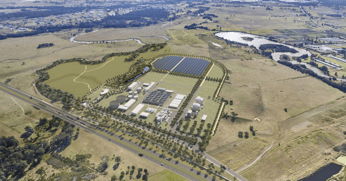 Aerial rendering of Sydney Water’s Upper South Creek Advanced Water Recycling Centre in Kemps Creek NSW, showing treatment facilities, and surrounding water infrastructure.