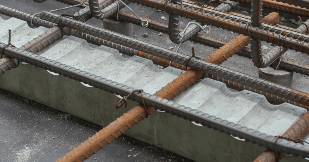Cast concrete rail spacers supporting reinforcement bars and ensuring consistent concrete cover in structural construction.