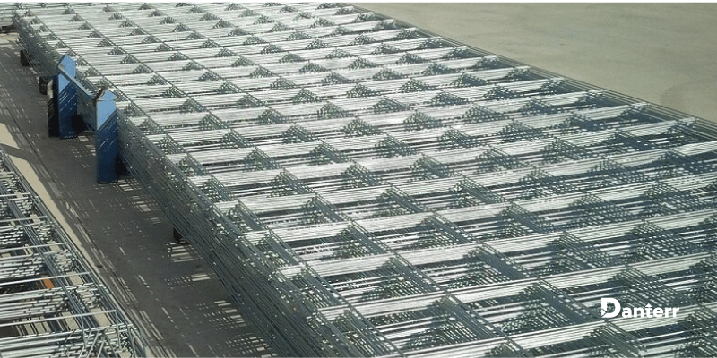 Galvanised reinforcing mesh stacked for use in concrete reinforcement and reinforcing steel applications.