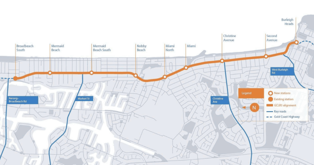 Gold Coast Light Rail Stage 3 map showing route from Broadbeach to Burleigh Heads.