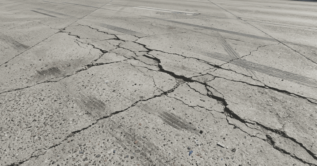 Cracked concrete pavement showing the effects of improper curing of concrete and inadequate moisture retention during the curing process.