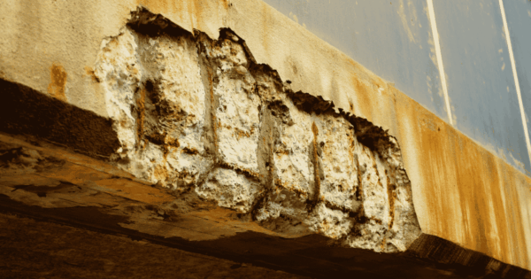 Concrete cancer causing concrete spalling on a damaged wall with exposed substrate