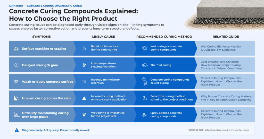 Infographic explaining improper curing of concrete, common curing problems, their causes, and the best concrete curing solution for durable slabs.