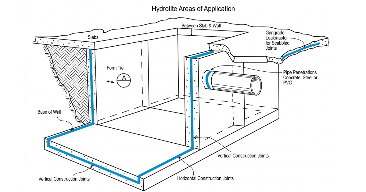 Hydrotite waterstop application diagram for concrete construction joints, wall bases and pipe penetrations