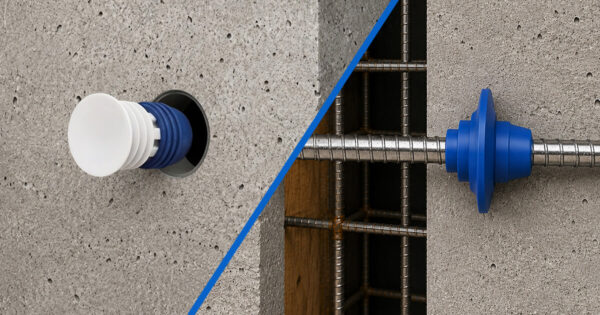 Form tie rings & connectors and form tie plug installed in concrete formwork