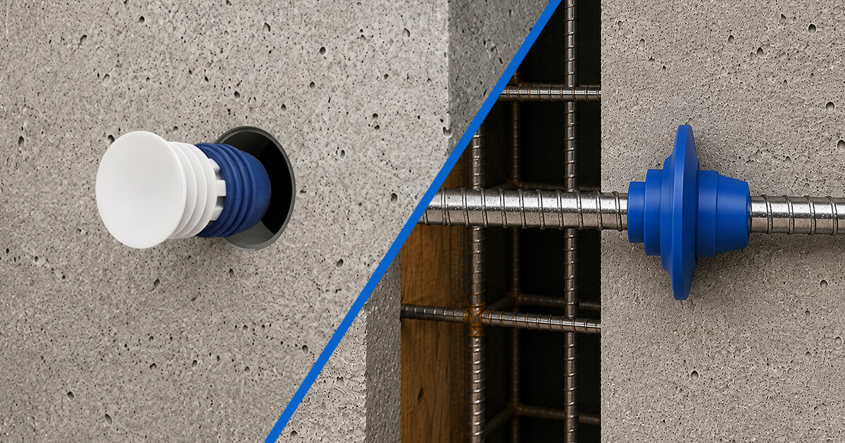 Form tie rings & connectors and form tie plug installed in concrete formwork